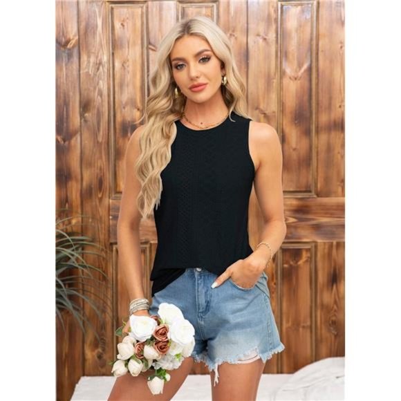 Womens Tank Tops Eyelet Embroidery Summer Sleeveless High Neck Loose Flowy Shirt - Picture 4 of 7